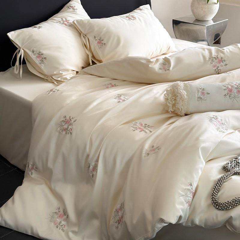 法式刺绣玫瑰！100支长绒棉全棉四件套贡缎纯棉被套床单轻奢床品4