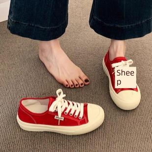 英国平底鞋红色帆布女鞋2025新的超级炎热的夏天薄透气软底运动和