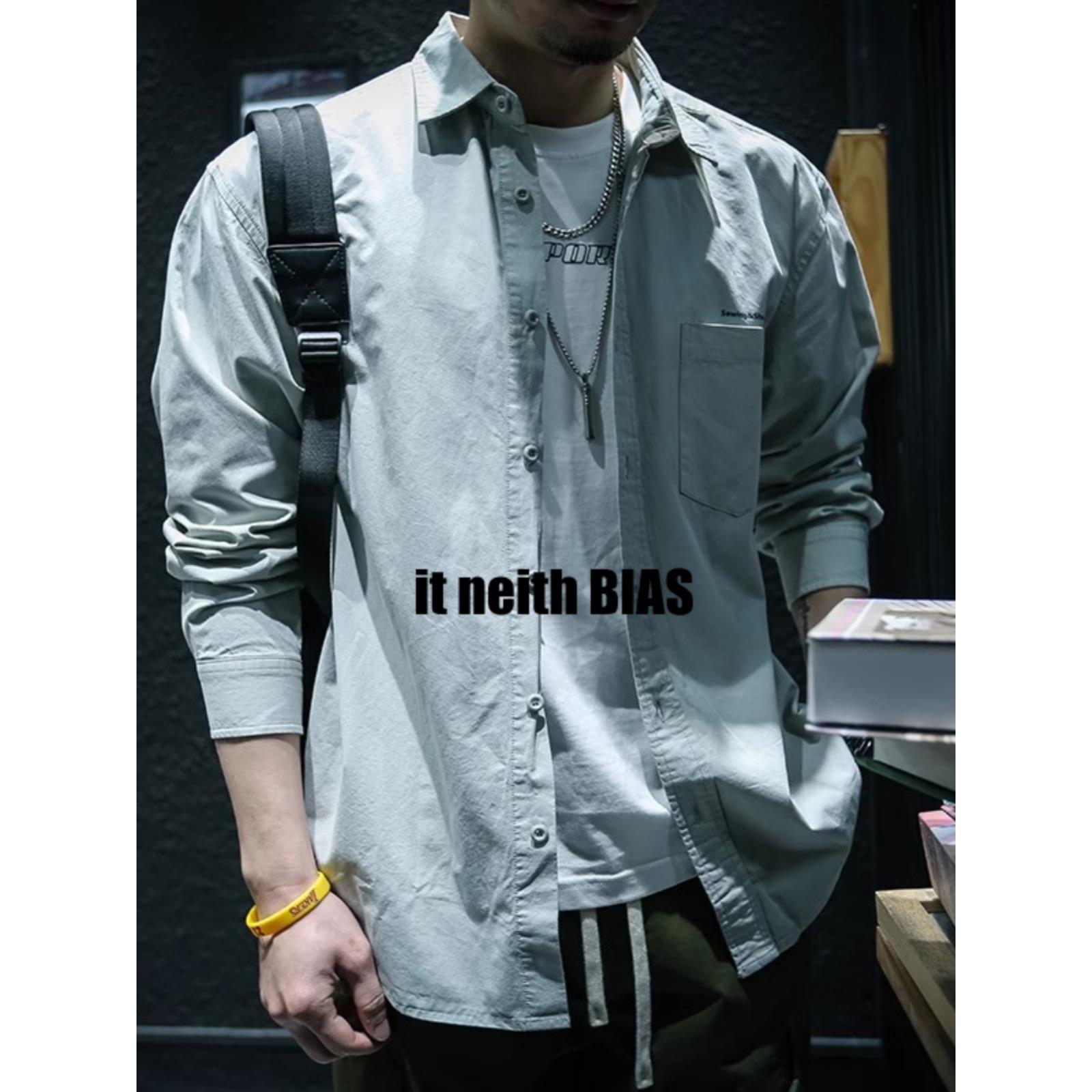 it neith BIAS秋季基础纯棉长袖衬衫男宽松大码休闲衬衣外套春秋