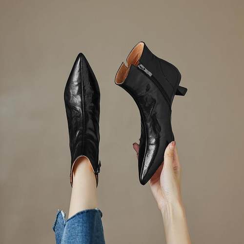 意大利Raraente~英式山羊皮尖头短靴女式细跟法式中跟靴皮靴