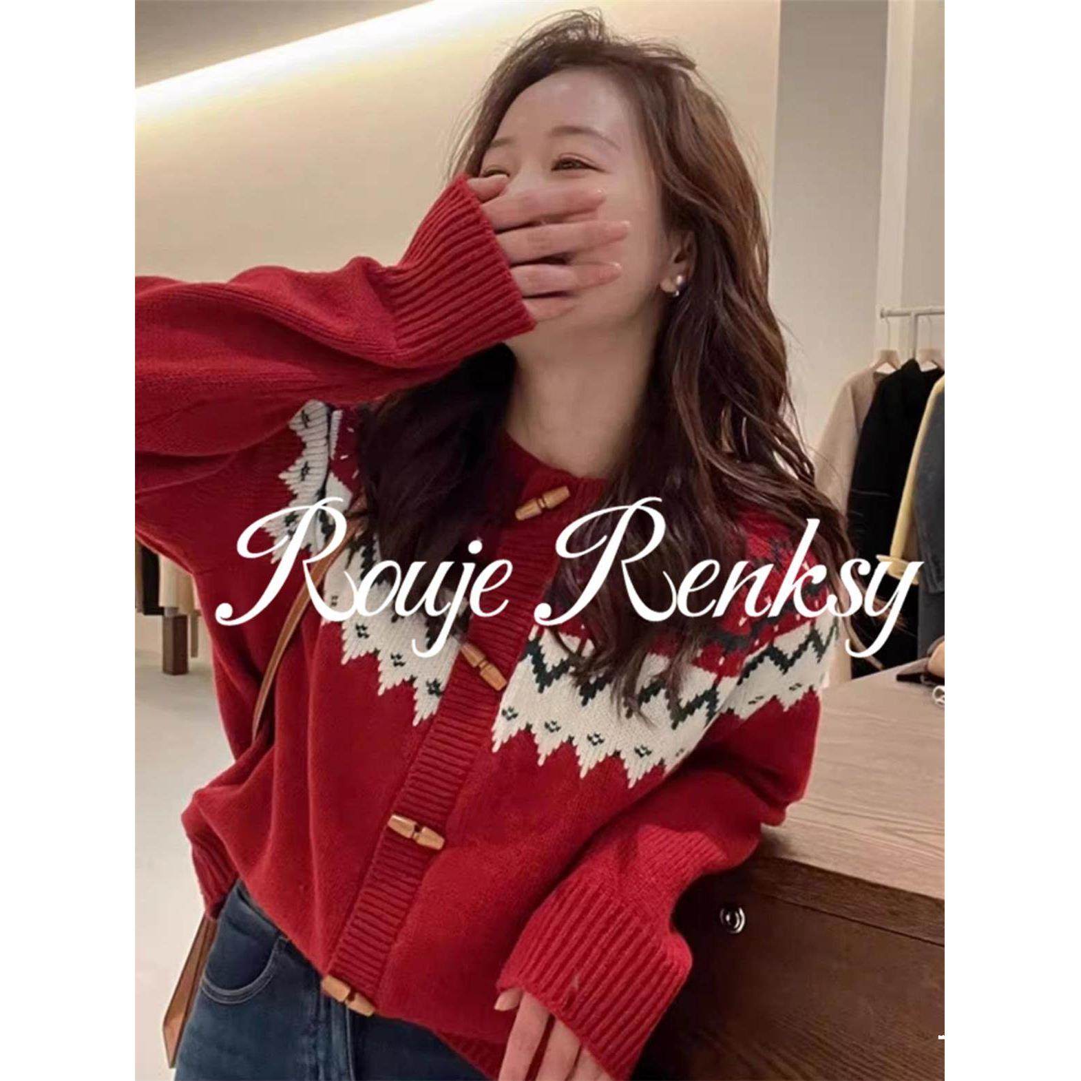 法国rouje renksy法式圣诞新年红牛角扣针织衫开衫女秋冬别致毛衣,女装/女士精品,大码内搭,淘宝优惠券,粉丝福利购,淘宝优惠卷