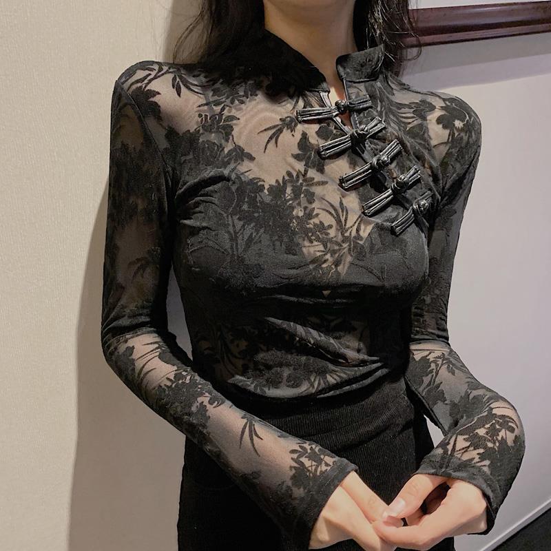 蕾丝衫女长袖春秋2025新款韩版修身性感中式盘扣打底衫网纱上衣女