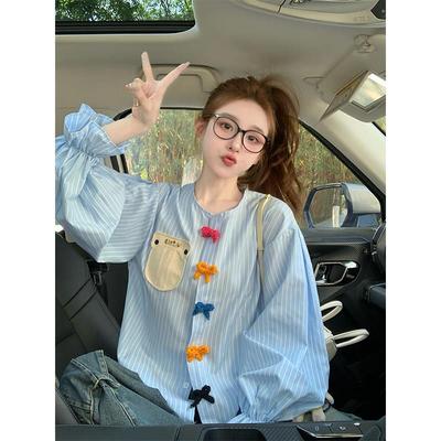 IT UNDER GARDEN 蓝色条纹衬衫女秋季蝴蝶结宽松显瘦减龄长袖上衣