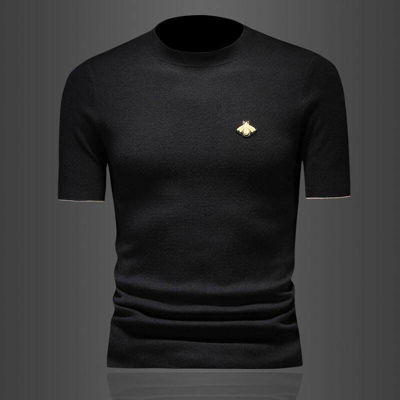 秋冬季男装半高领时尚刺绣短袖羊毛衫韩版修身套头毛衣打底针织衫