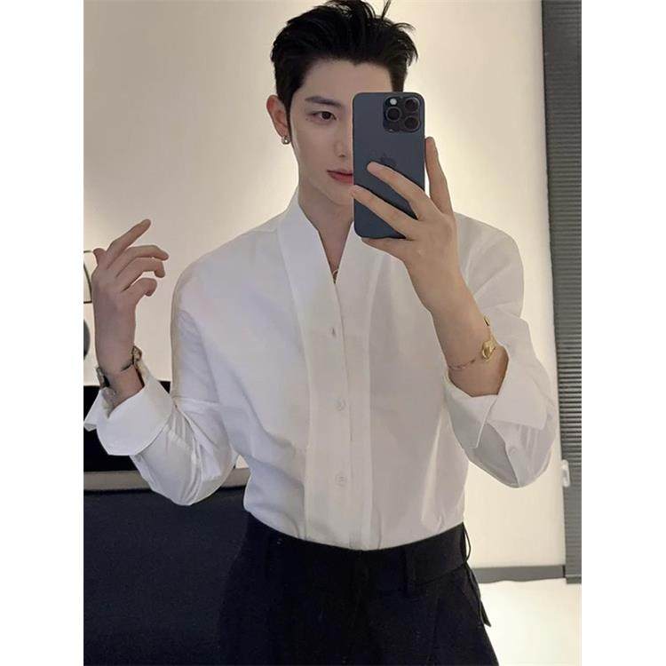 韩国CHIPOTLE法式V领垫肩长袖衬衫男2025秋季雅痞风修身无领衬衣,男装,衬衫,淘宝优惠券,粉丝福利购,淘宝优惠卷