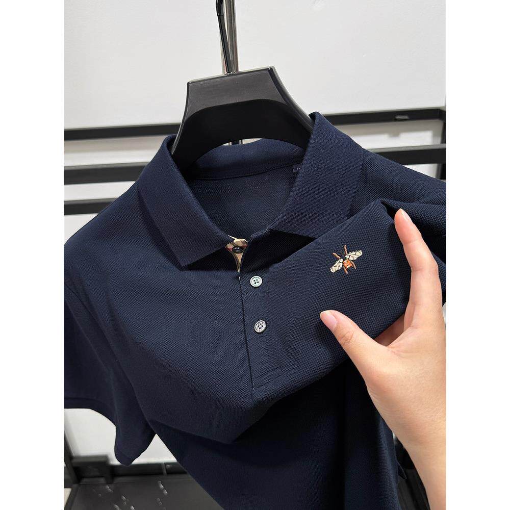 时尚蜜蜂绣花Polo衫男士夏季透气100%纯棉翻领短袖t恤男士高端潮