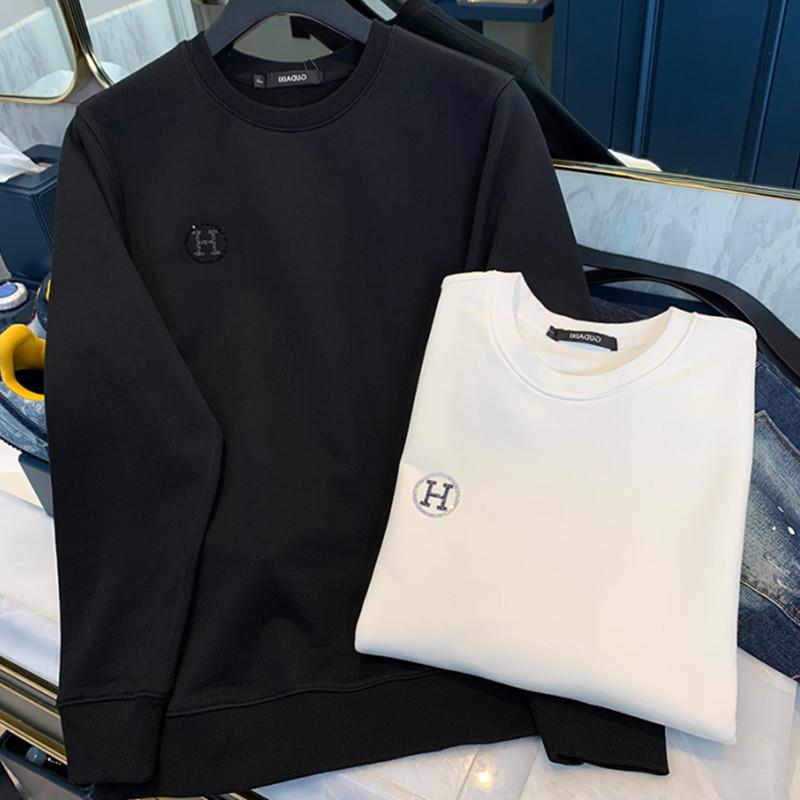 欧洲站春秋季新款男装卫衣字母烫钻内搭纯色打底衫套头圆领简约潮