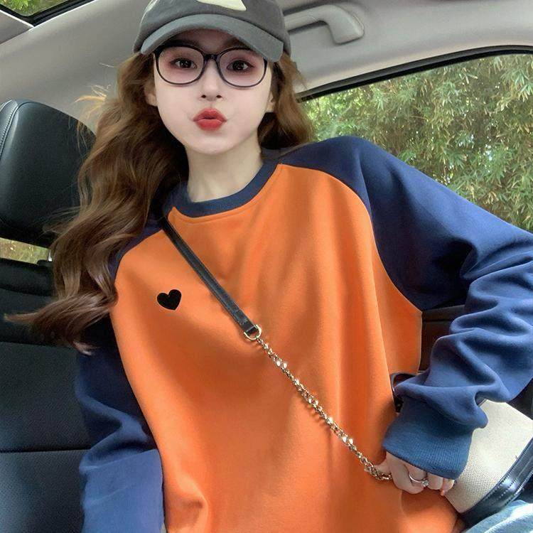 IT UNDER GARDEN 橙色拼接纯棉套头卫衣女秋季复古撞色宽松插肩袖,女装/女士精品,大码内搭,淘宝优惠券,粉丝福利购,淘宝优惠卷