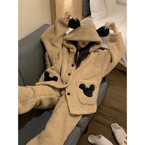 奶系可爱！！Orange Sea！可爱卡通连帽耳朵珊瑚绒睡衣女外穿套装