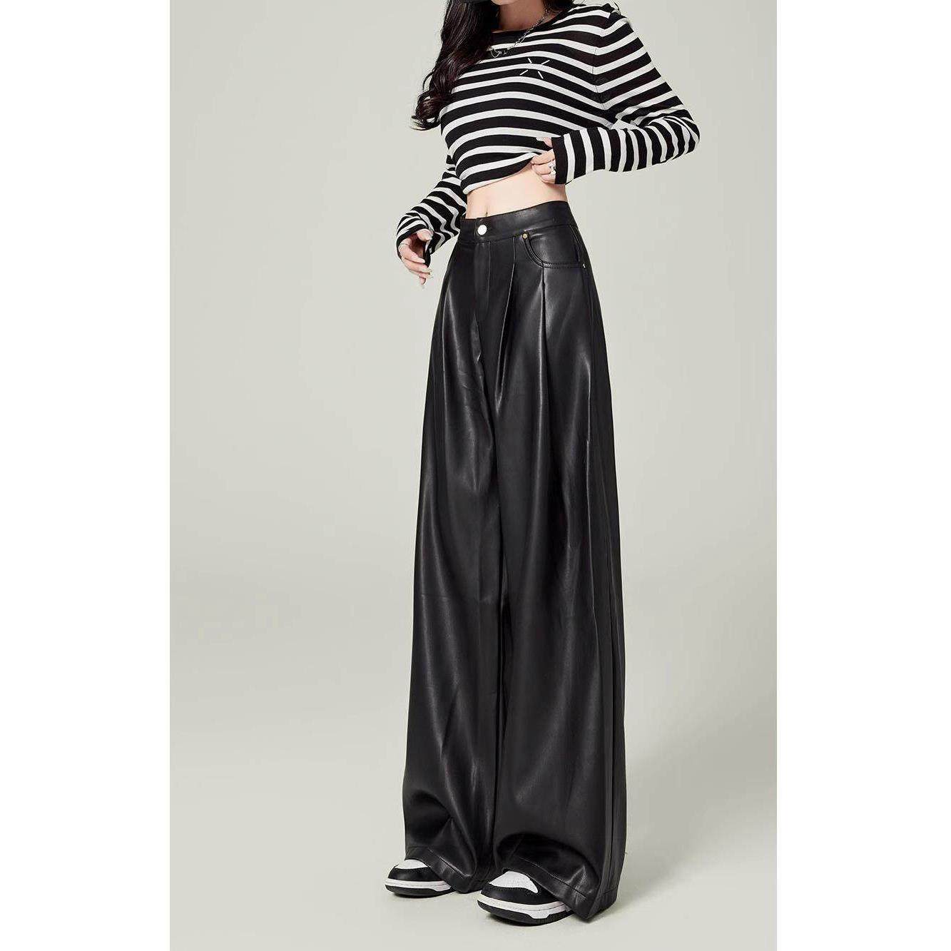 黑色绵羊皮皮裤阔腿裤女2025年秋冬季新款海宁真皮高腰垂感拖地裤