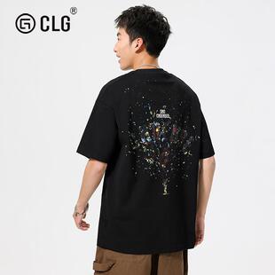 香港CLG潮牌涂鸦漆点印花短袖T恤男生纯棉休闲圆领半袖打底衫黑色