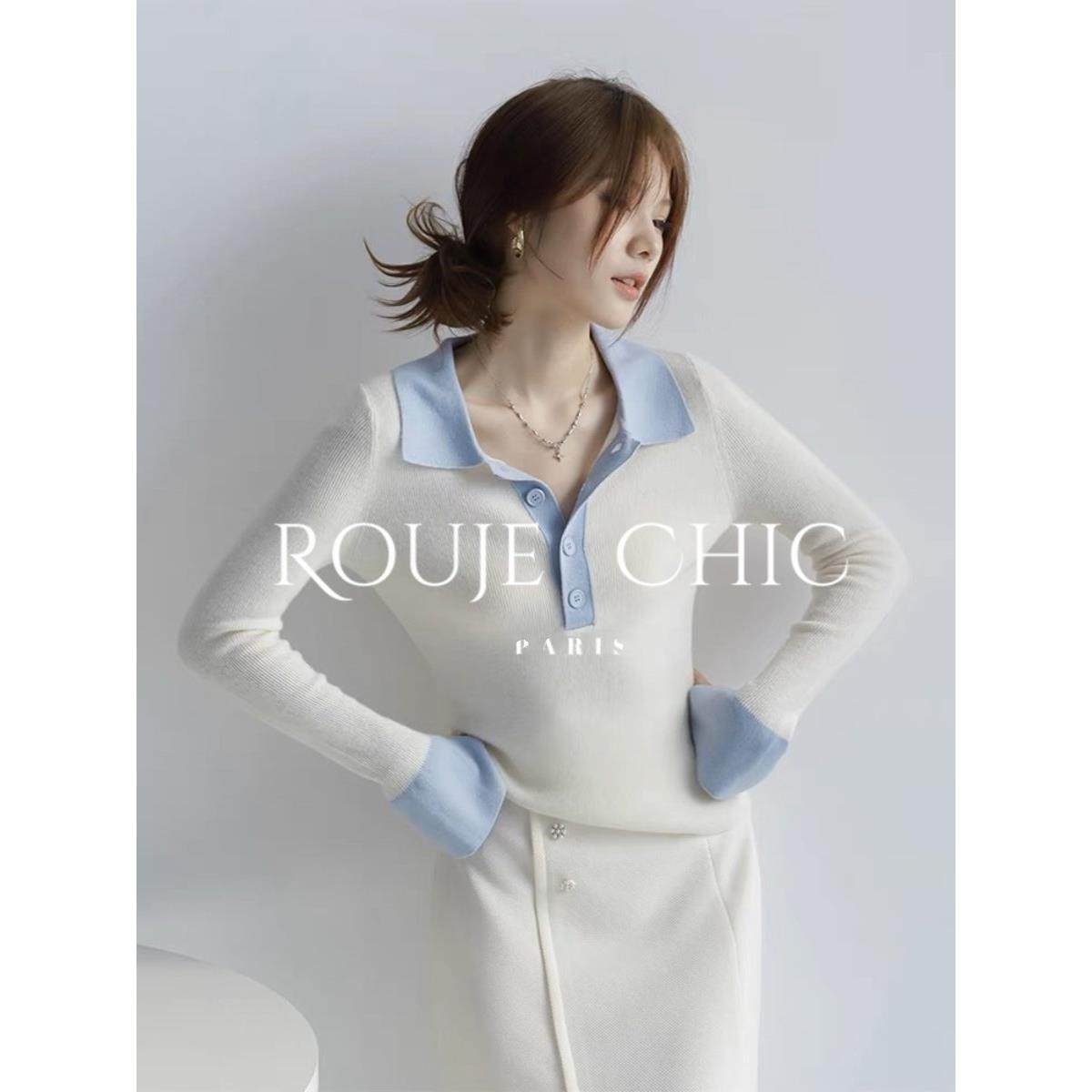 法国Rouje Chic法式内搭撞色polo领针织衫女秋季显瘦洋气打底毛衣,女装/女士精品,大码内搭,淘宝优惠券,粉丝福利购,淘宝优惠卷