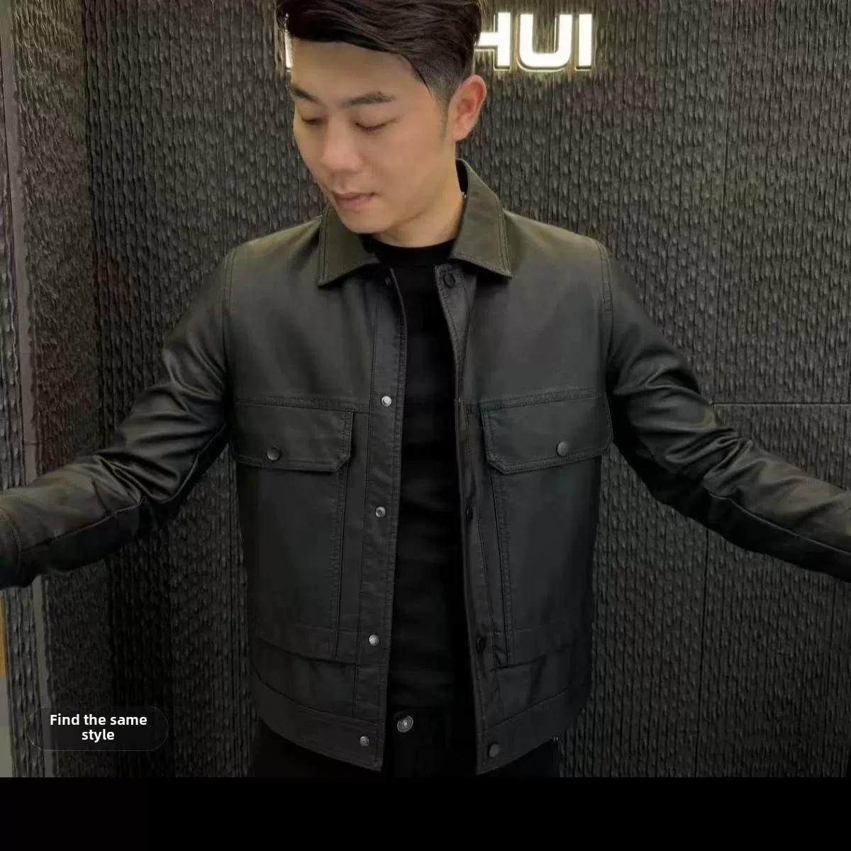 山羊皮真皮夹克男秋冬新款山羊皮修身夹克男丝绒加厚摩托车夹克