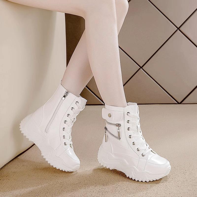 白色内增高真皮马丁靴子女2025新款春秋厚底棉鞋英伦风小个子短靴