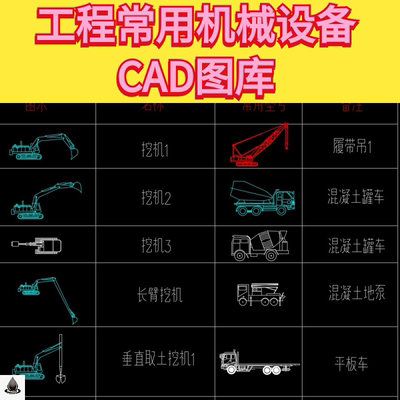 工地程机械设备塔吊挖机罐车履带吊地泵成槽机车船平立面CAD图块