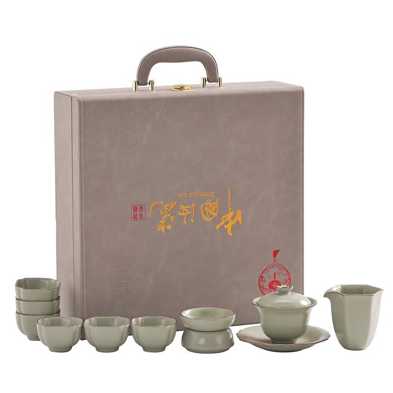 汝窑功夫茶具套装陶瓷盖碗茶杯整套简约家用礼盒包装商务礼品