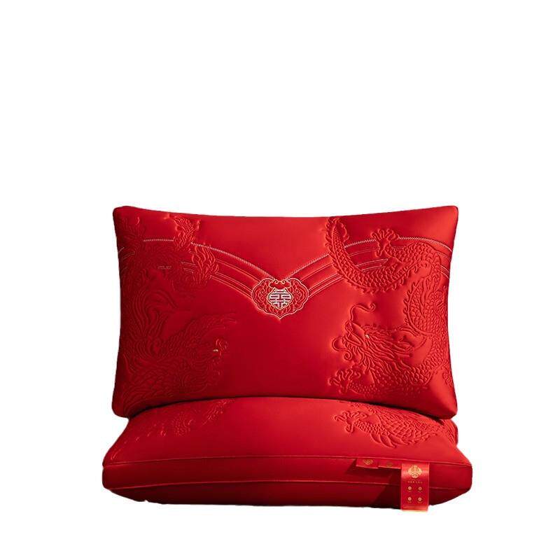 结婚大红色枕芯一对婚房陪嫁纯棉刺绣乳胶枕头婚庆羽丝绒透气枕芯