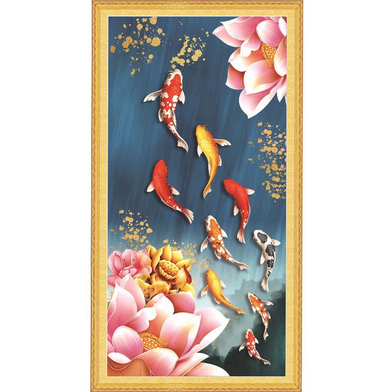 荷花九鱼图十字绣2021新款绣客厅竖版玄关走廊简约现代自己绣手工图片