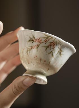 釉下彩手绘瑞秋杏雨主人杯花瓣高足仿宋花瓣杯功夫茶具茶杯单杯