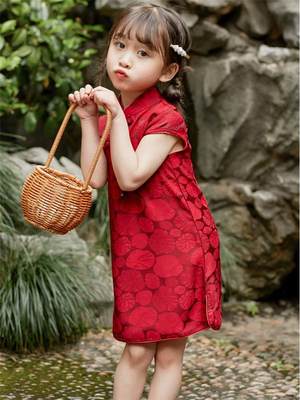童旗袍2203新酒红荷叶装款夏季中国女风薄款女童唐民国风汉服连衣