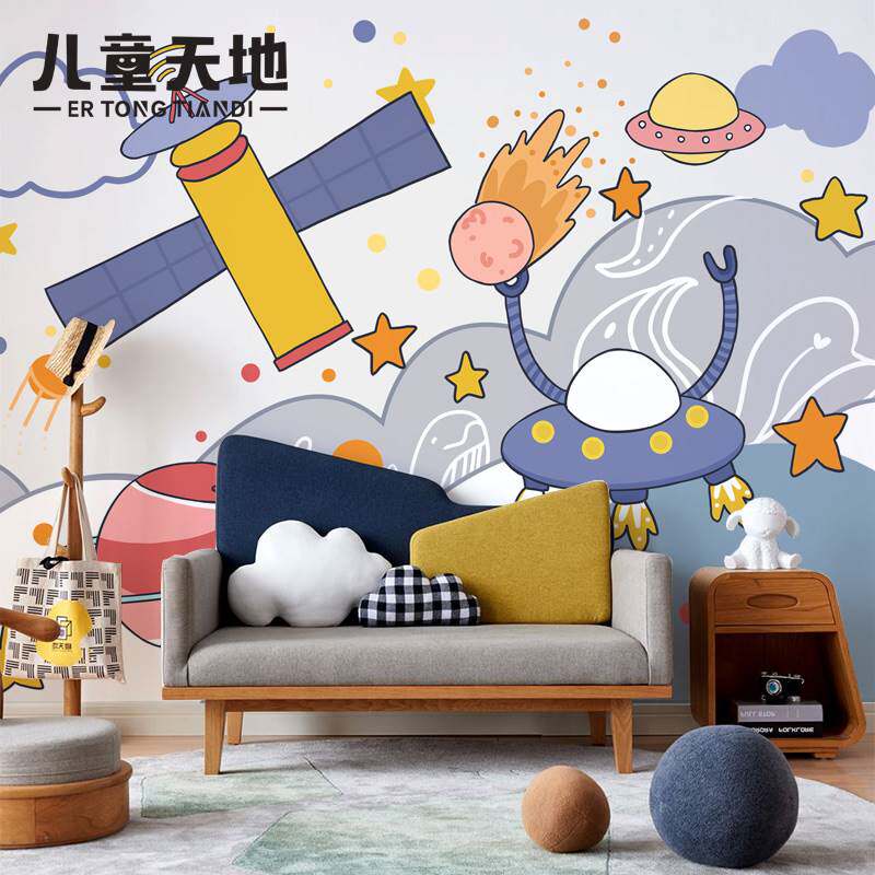 卡通太空机器人图案男孩女孩儿童房无纺布墙纸壁纸墙布壁布壁画