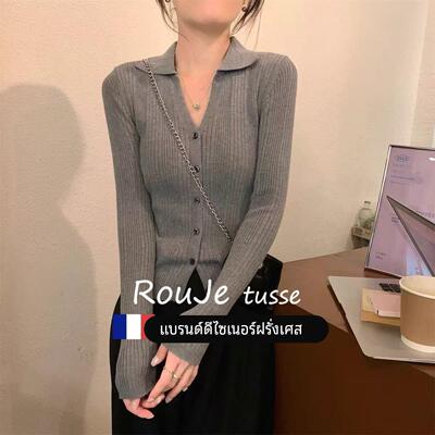 Rouje tusse灰色小香风羊绒针织开衫女秋冬羊毛毛衣外套加厚上衣