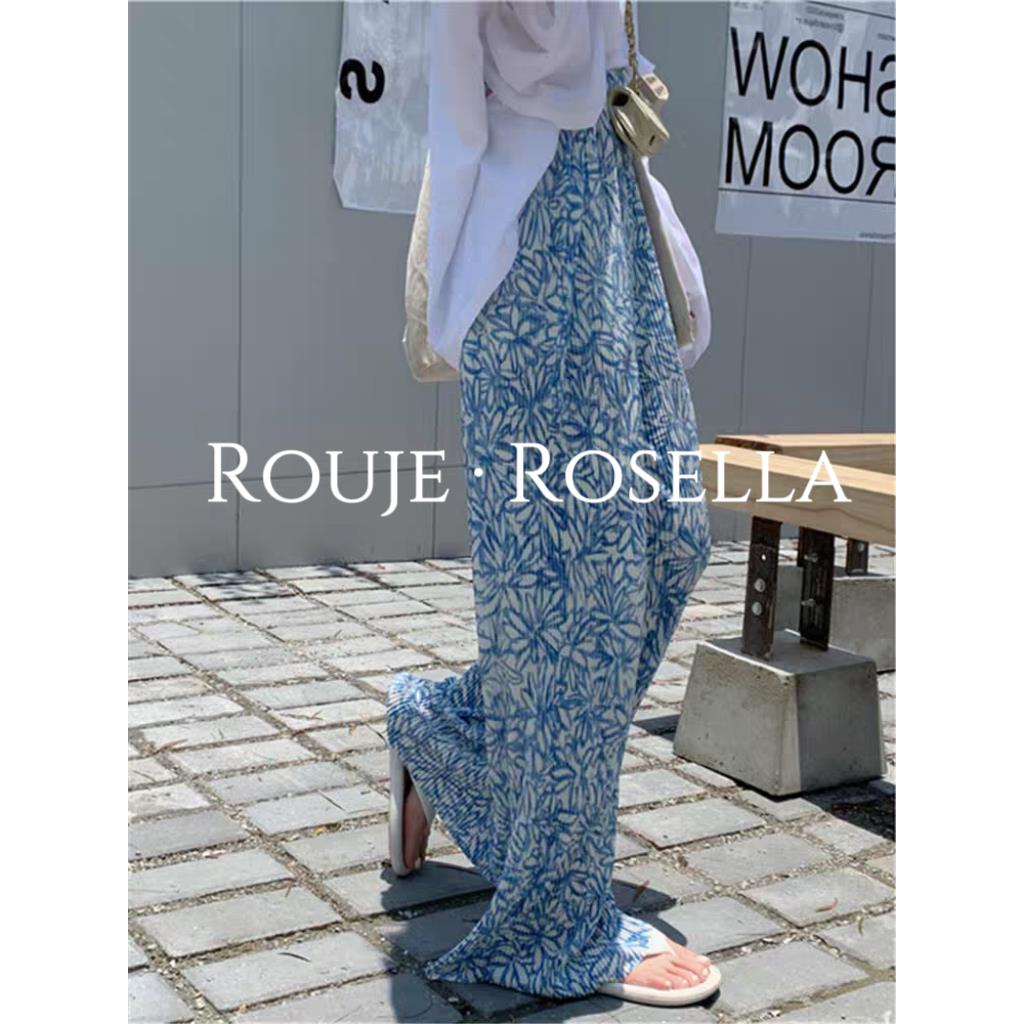 法国Rouje Rosella蓝色花色印花休闲裤女夏季百褶风格宽松长裤