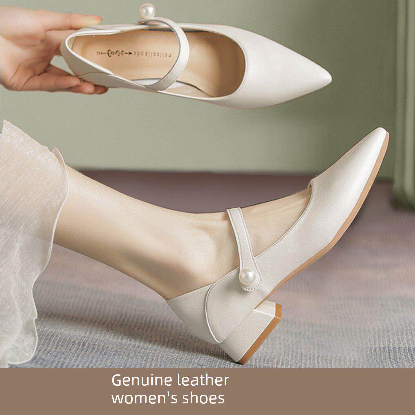2025春季新款真皮粗跟单鞋女白色玛丽珍低跟浅口平底尖头中跟女鞋