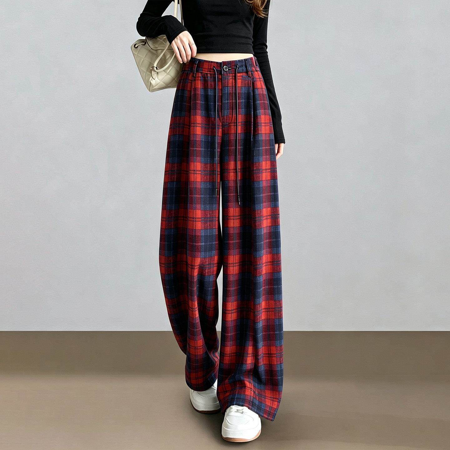 高档红蓝格子亚麻阔腿裤女春秋新款休闲直筒裤复古抽绳拖地弯刀裤