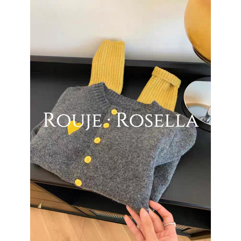 法国Rouje Rosella?撞色拼接针织开衫女软糯小个子高级感打底衫