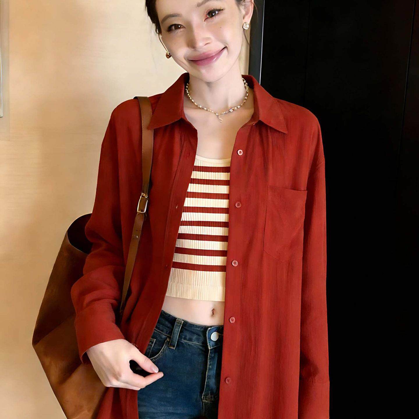 DOEN MOCY酒红色条纹吊带叠穿polo领衬衫女宽松休闲绝美上衣衬衣