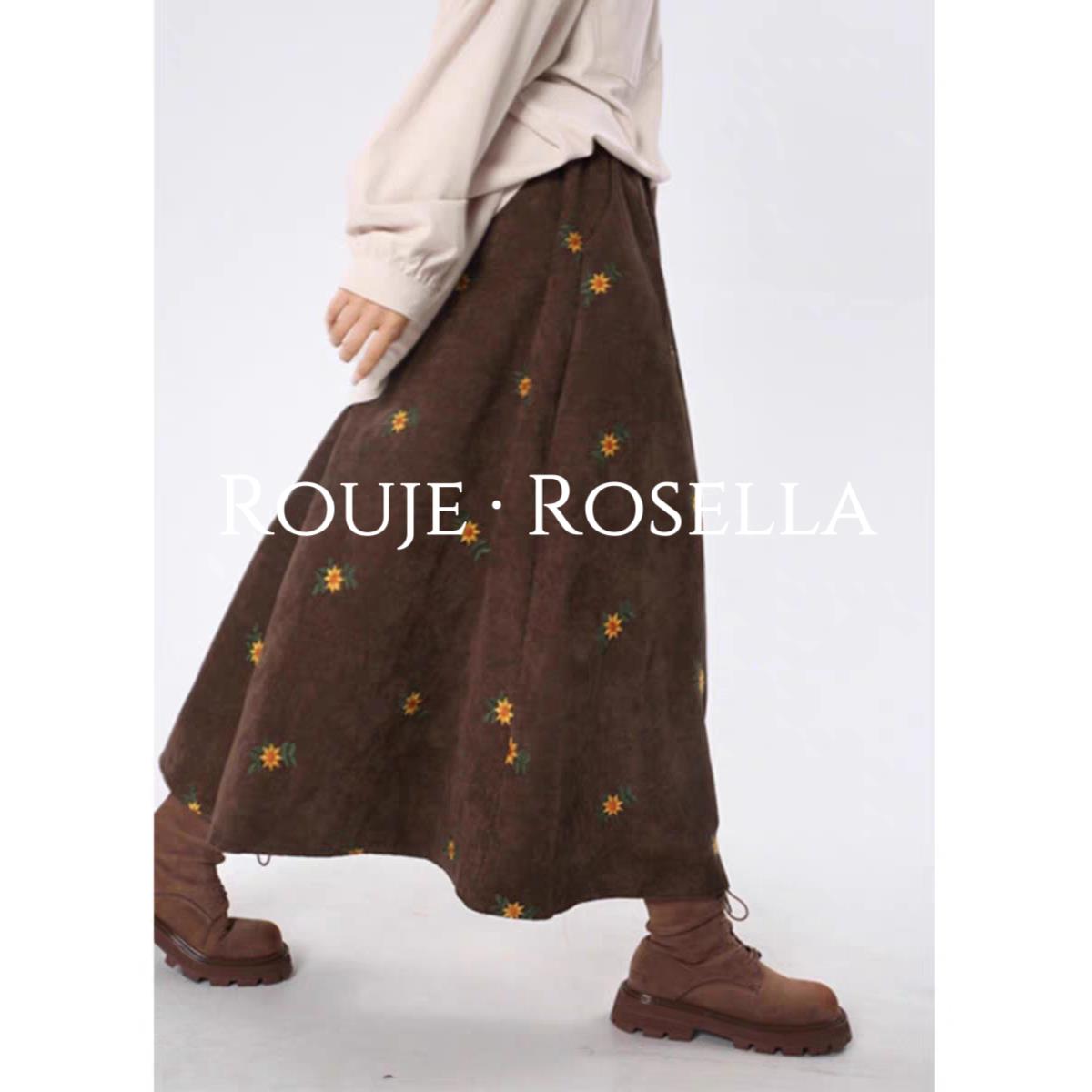 法国Rouje Rosella气质满满⭐复古灯芯绒刺绣半身裙伞裙花苞裙