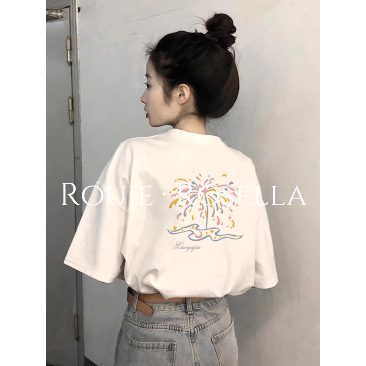 法国Rouje Rosella小众高颜⭐白色复古烟花印花短袖t恤女夏季新款