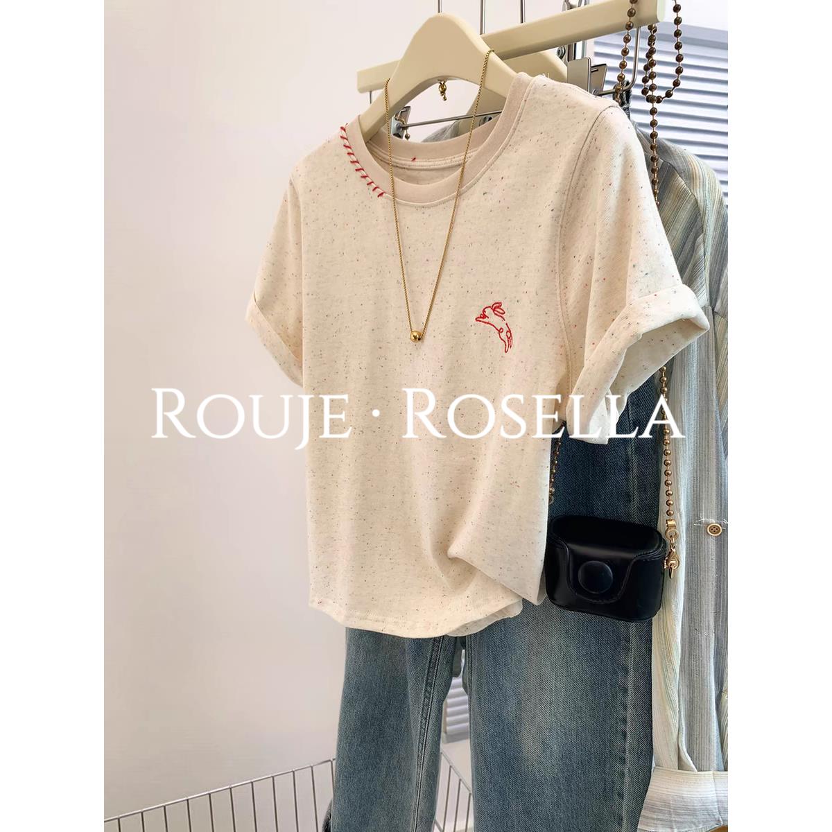 法国Rouje Rosella刺绣正肩短袖t恤女夏设计感小个子半袖上衣