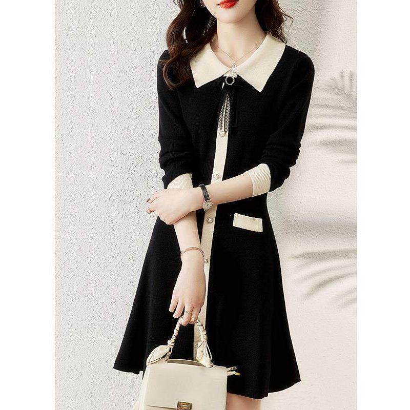 小香风针织连衣裙春秋新款气质时尚翻领收腰显瘦内搭打底毛衣裙子