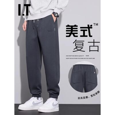 潮牌美式覆古运动裤子男士大码秋冬加绒加厚宽松束脚长裤休闲卫裤