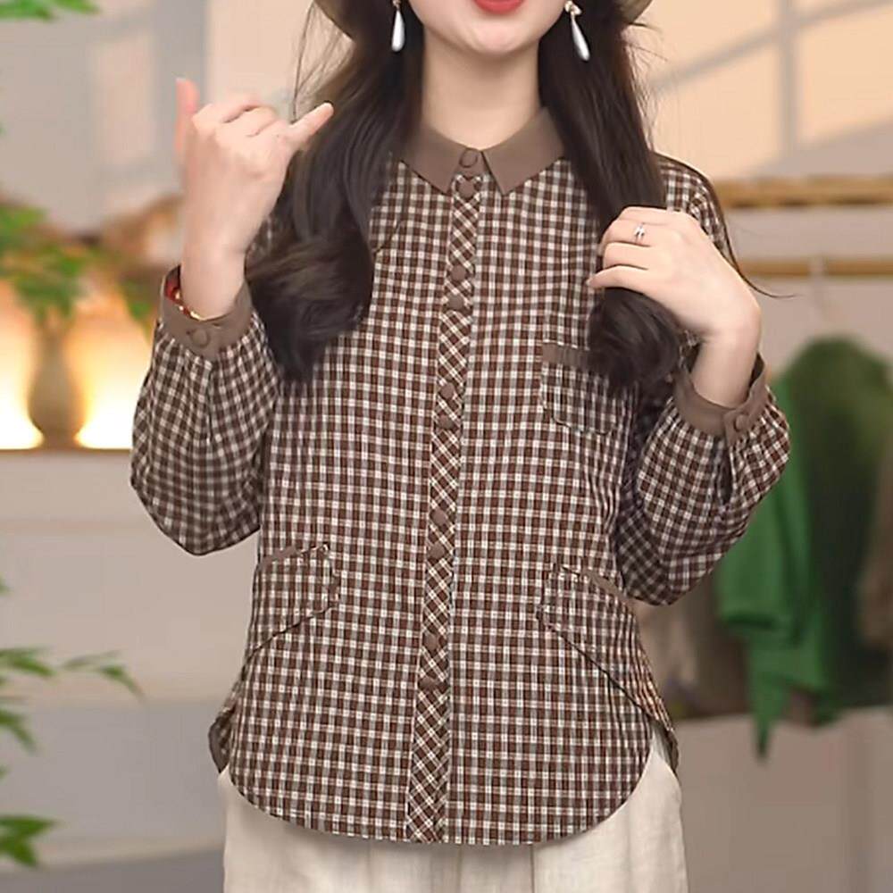 翻领格子长袖衬衫女春秋装新款时尚休闲洋气减龄百搭女士衬衣上衣