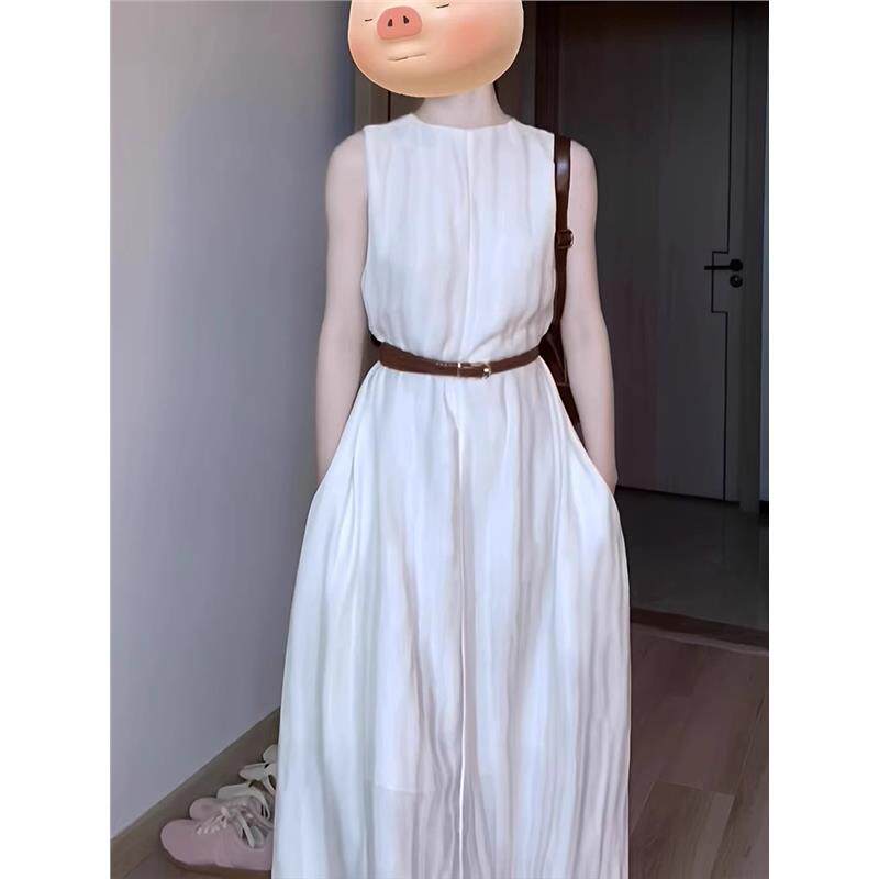 无袖白色连衣裙女夏季新款旅游度假高端中长裙女士圆领背心大摆裙