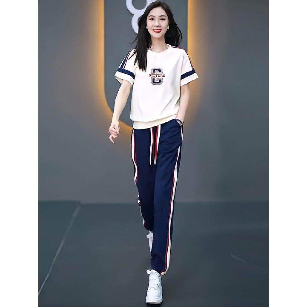 休闲运动服套装女夏季2025新款时尚减龄小个子卫衣短袖卫裤两件套