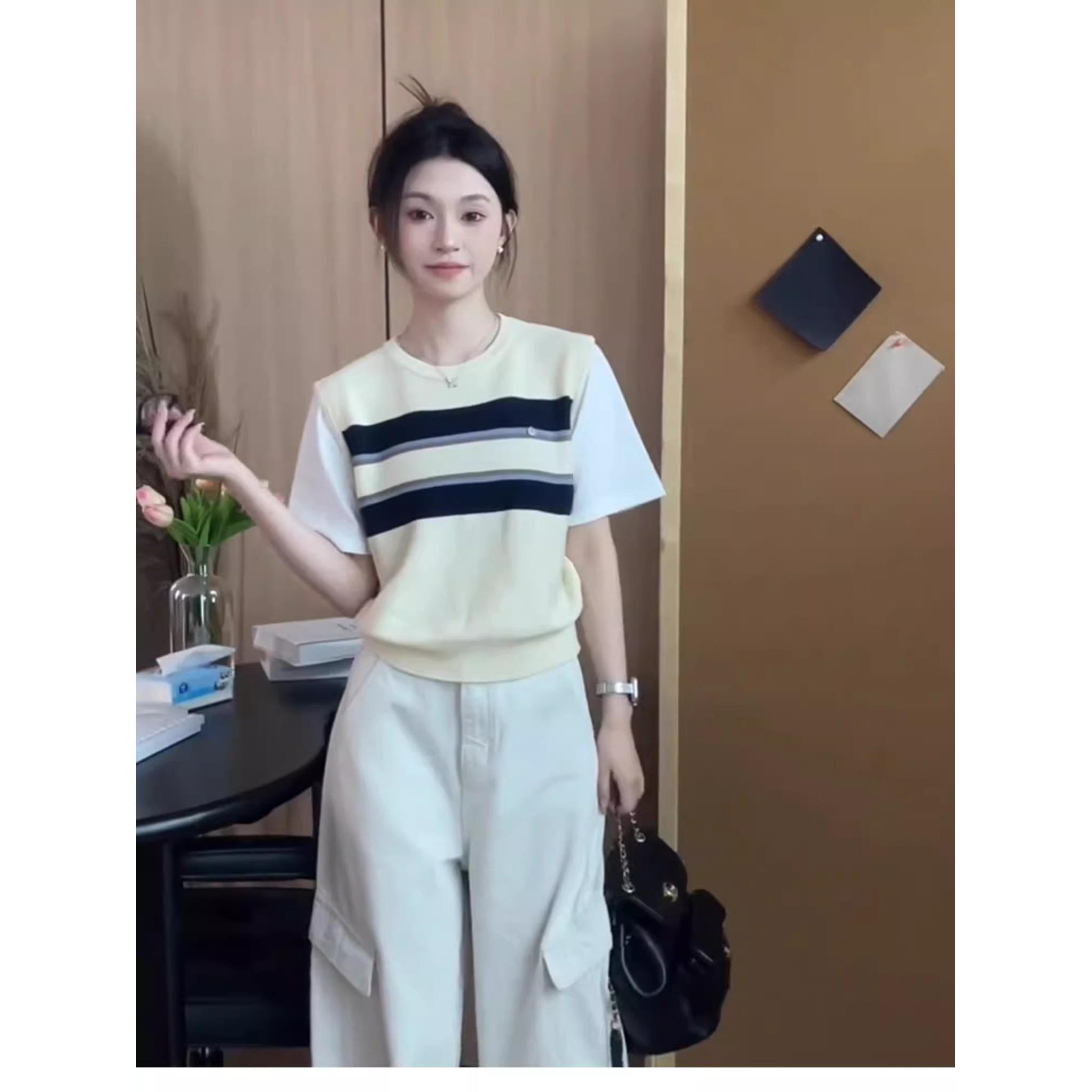 Rixo Kelly条纹假两件圆领正肩短袖t恤女小众设计感宽松短款上衣