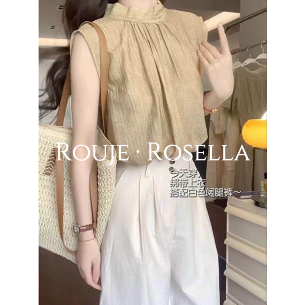 法国Rouje Rosella⭐法式扎染蝴蝶结系带立领无袖衬衫女气质小衫