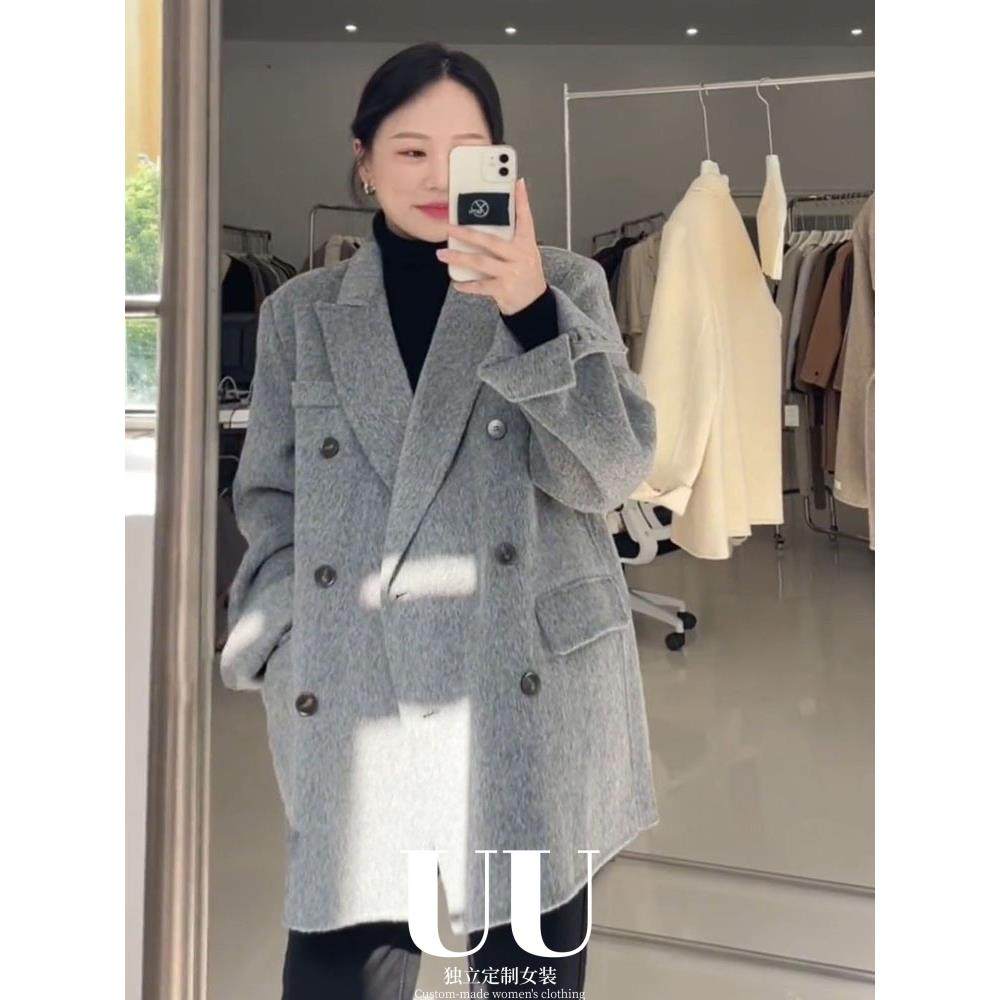 UU定制/双面羊毛大衣女短款2025秋新款高端韩版西装领毛呢外套ins