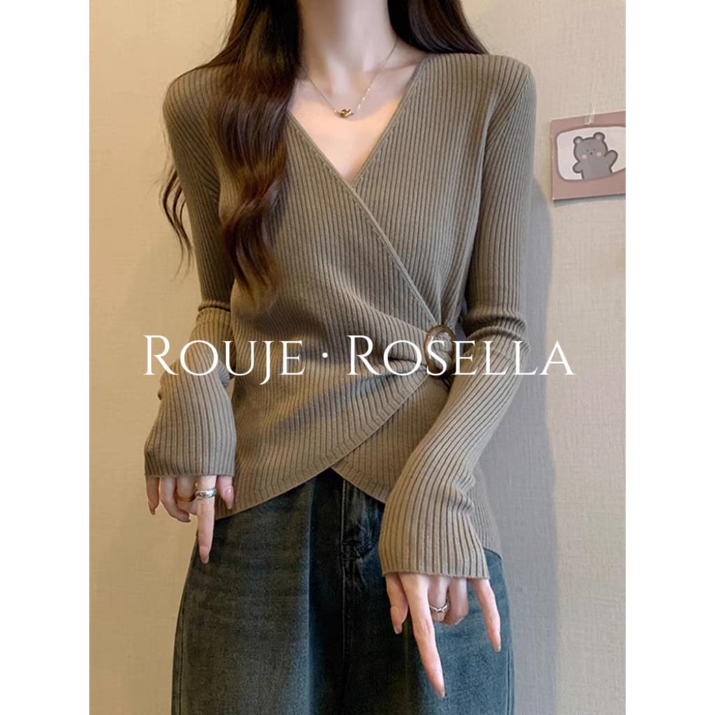 法国Rouje Rosella?法式V领针织衫女收腰显瘦不规则打底衫上衣