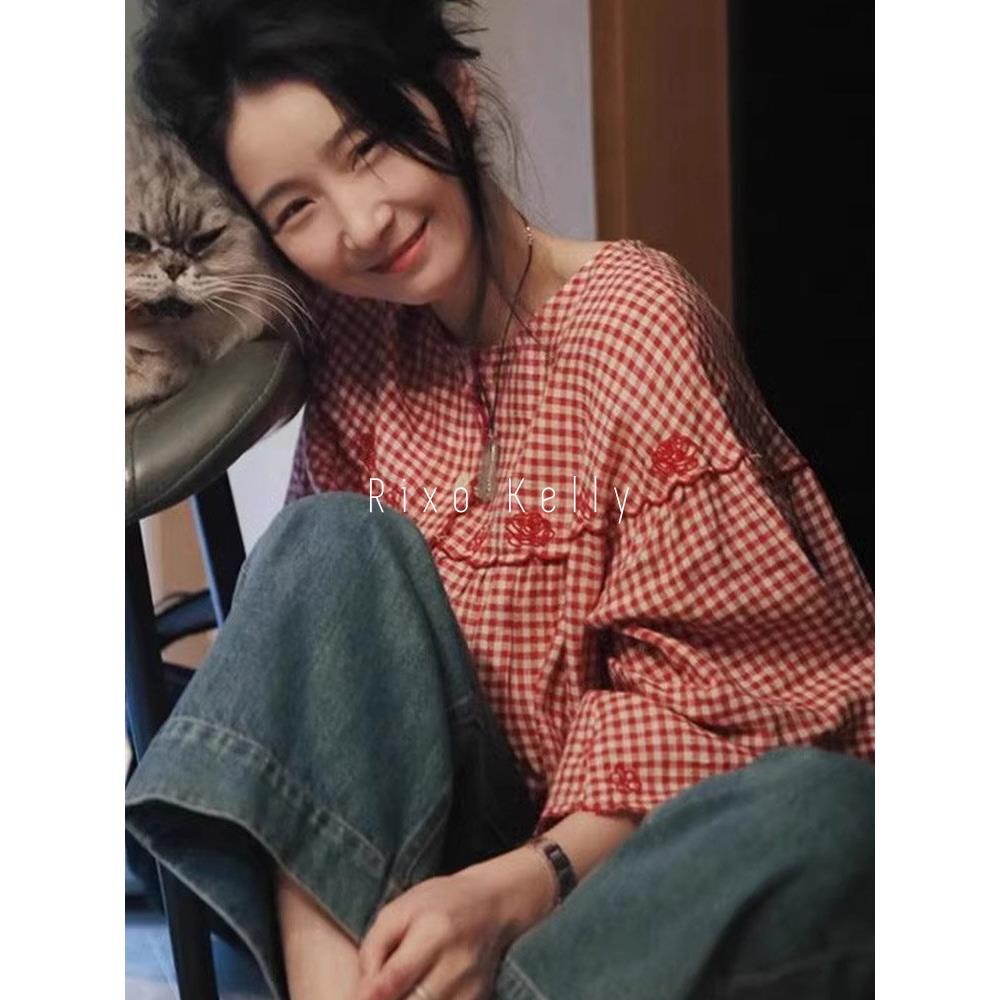 Rixo Kelly覆古红色格子长袖衬衫小衫高级感泡泡袖娃娃衫百搭上衣