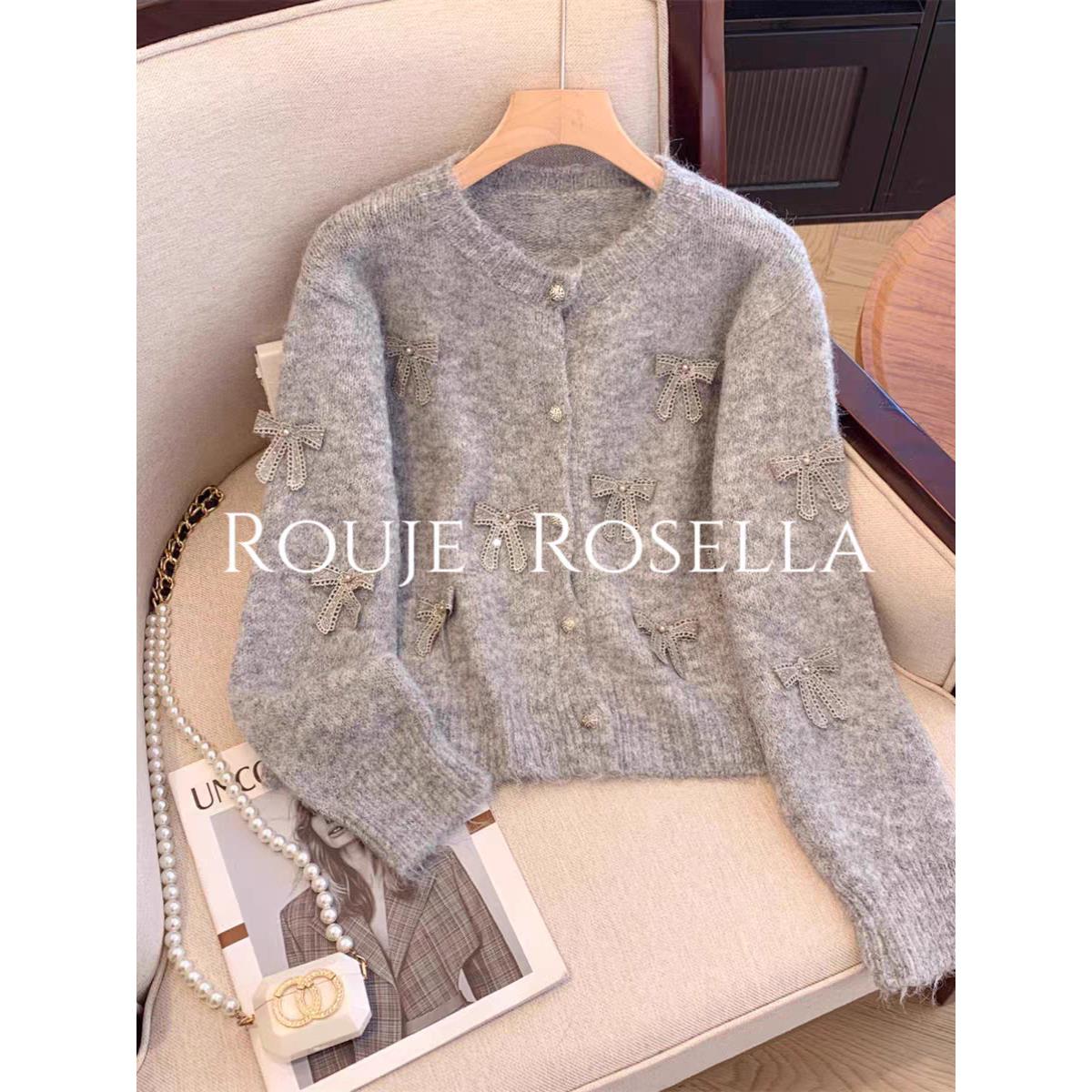 法国Rouje Rosella温柔甜美法式蝴蝶结针织开衫女软糯毛衣外套