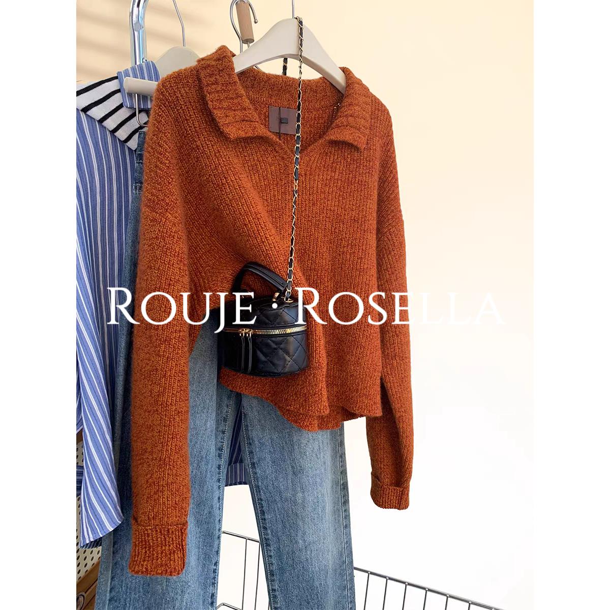 法国Rouje Rosella气质百搭橘色软糯慵懒polo领套头针织衫女秋