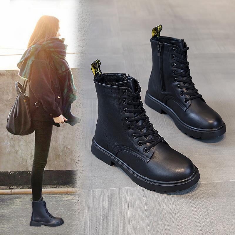 真皮流行女靴英伦风格2025新款秋冬羊毛衬万能平底鞋大尺寸黑色短