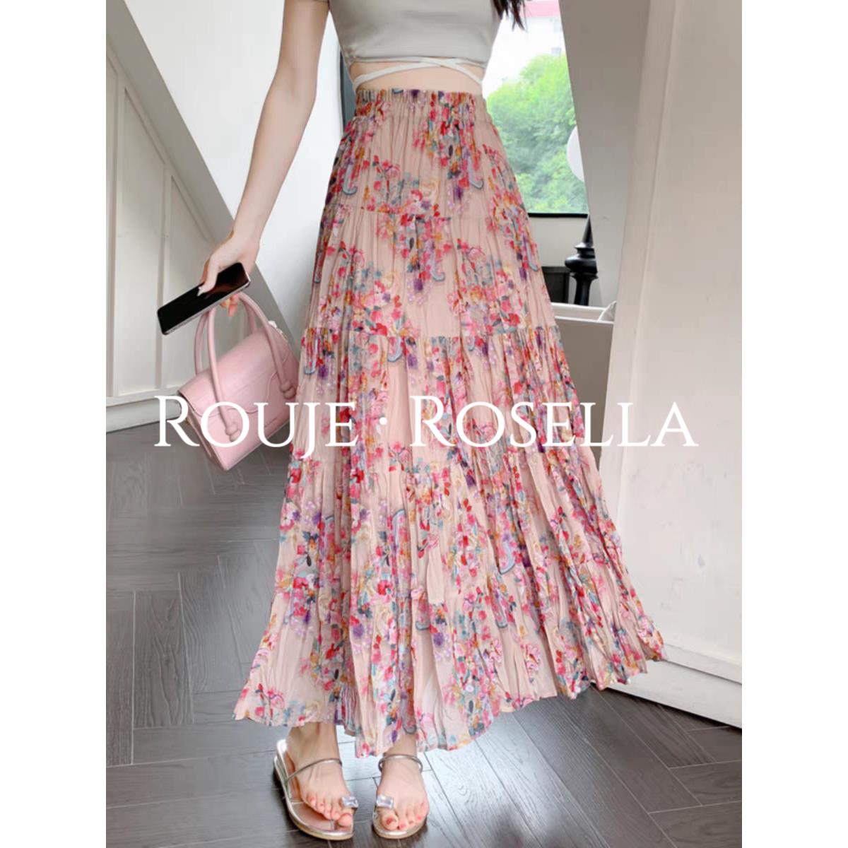 法国Rouje Rosella雪纺蛋糕长裙女半身裙春夏松紧高腰a字碎花裙