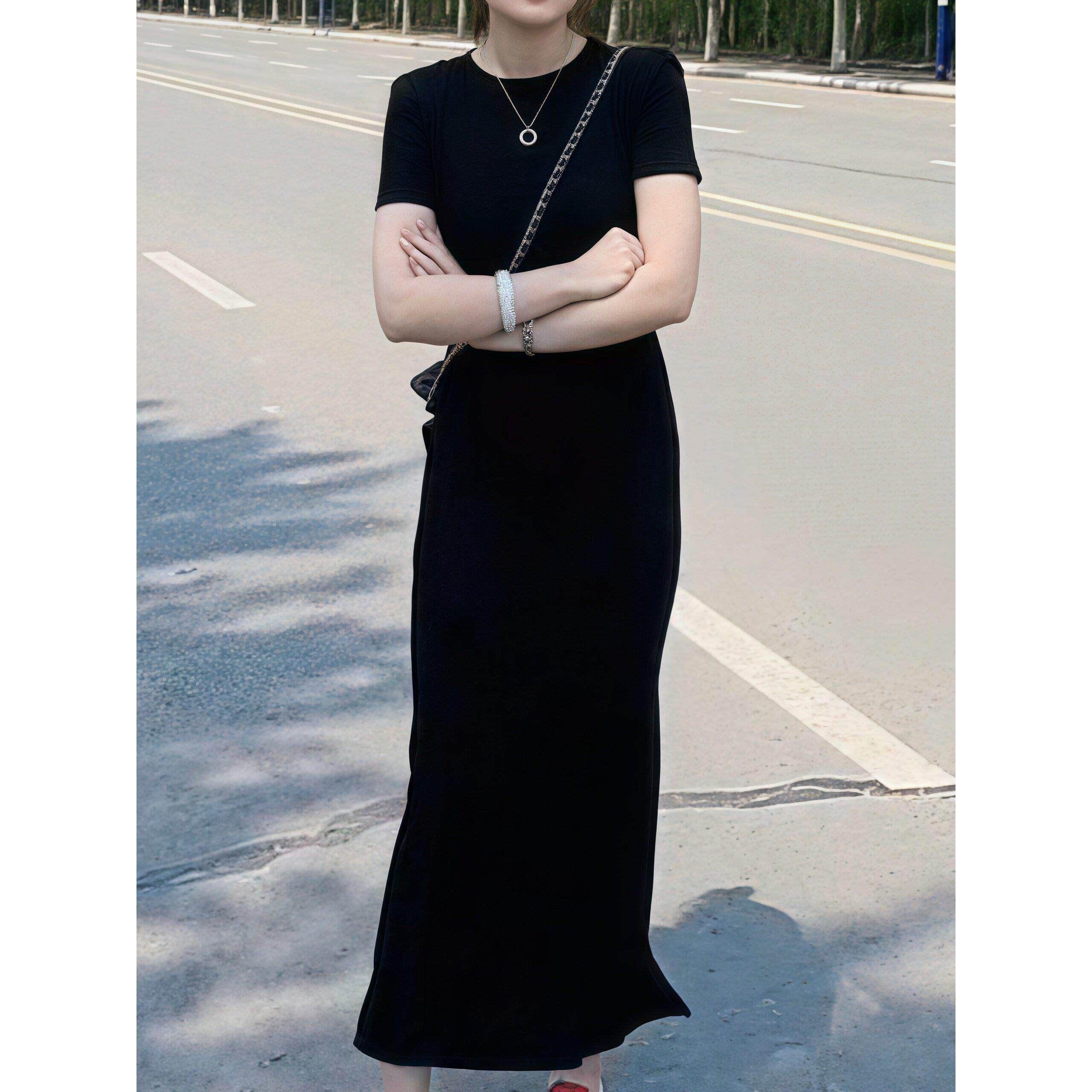 香港宽松百搭显瘦长款连衣裙女2026夏季薄款时尚修身短袖黑色裙子
