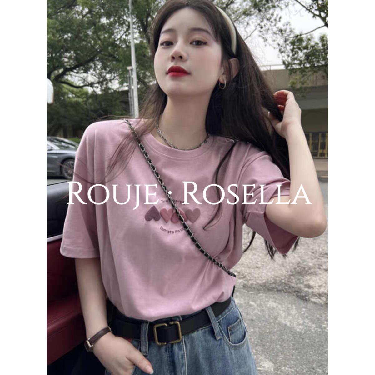 法国Rouje Rosella⭐粉色爱心印花圆领短袖t恤女夏季纯欲上衣潮